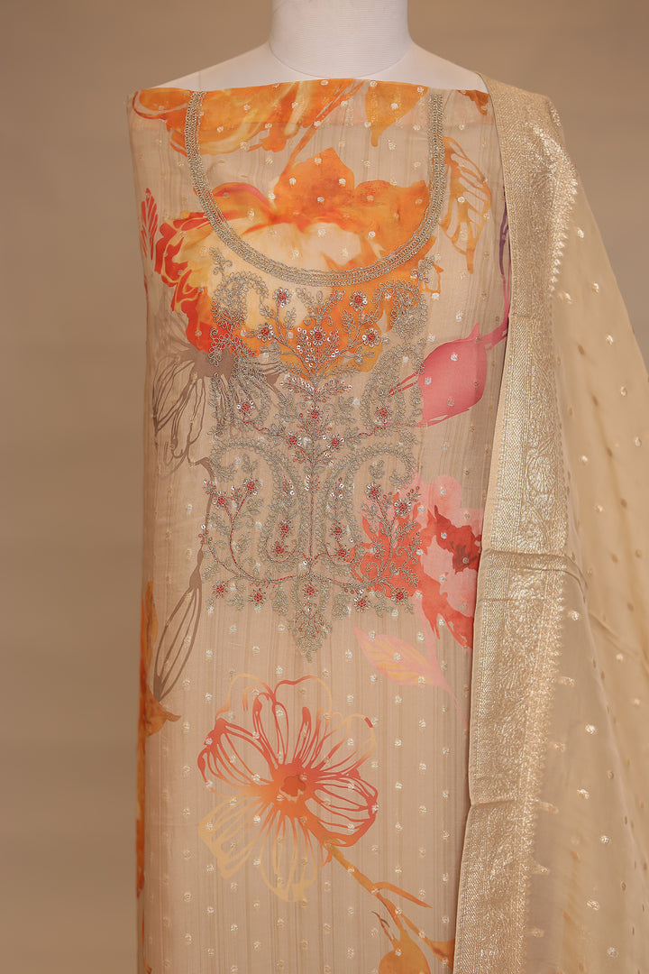 Digital Print, Organza Unstitched Suit with Dori, Sequins work