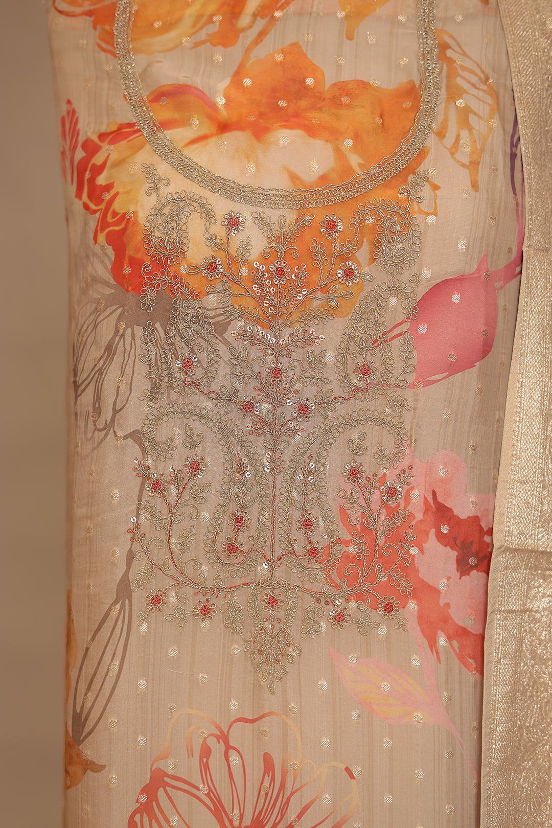 Banarasi, Organza Unstitched Suit with Dori, Thread work