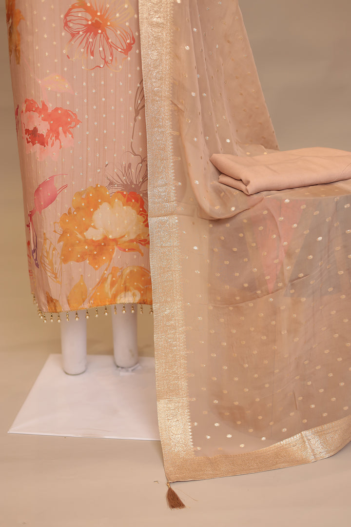 Digital Print, Organza Unstitched Suit with Dori, Sequins work