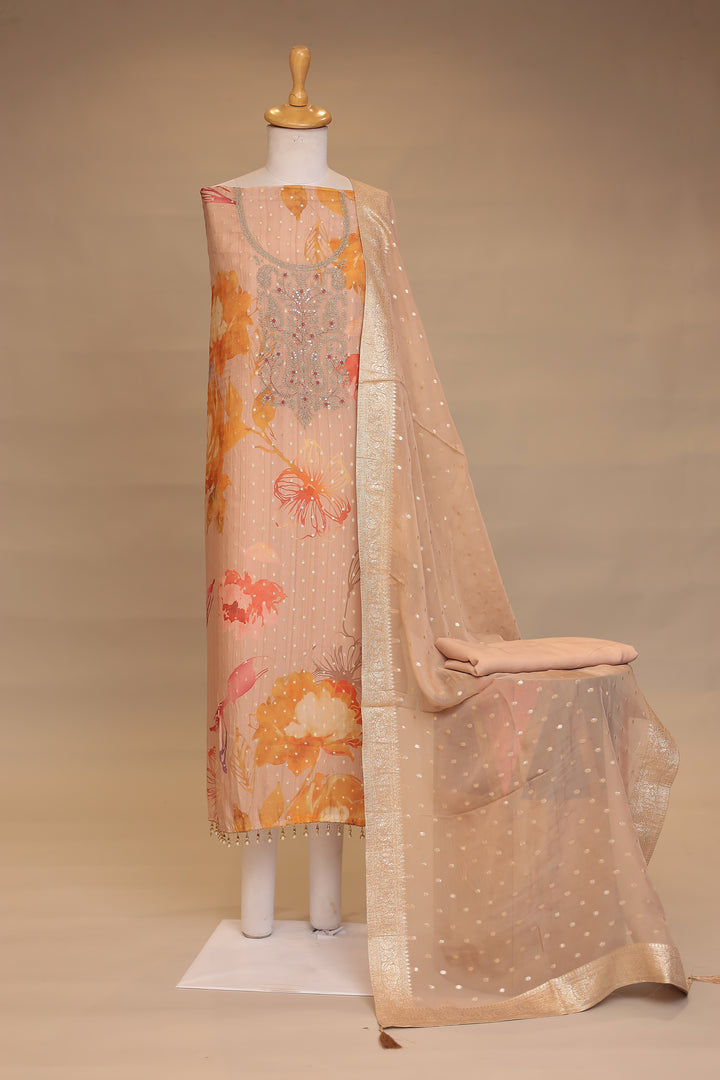 Digital Print, Organza Unstitched Suit with Dori, Sequins work