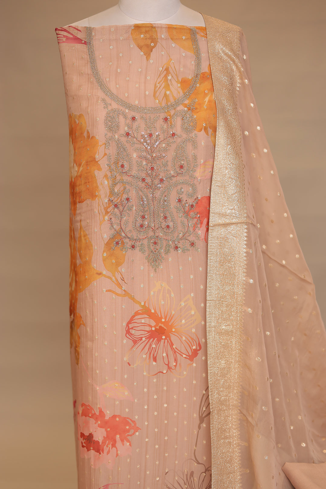 Digital Print, Organza Unstitched Suit with Dori, Sequins work