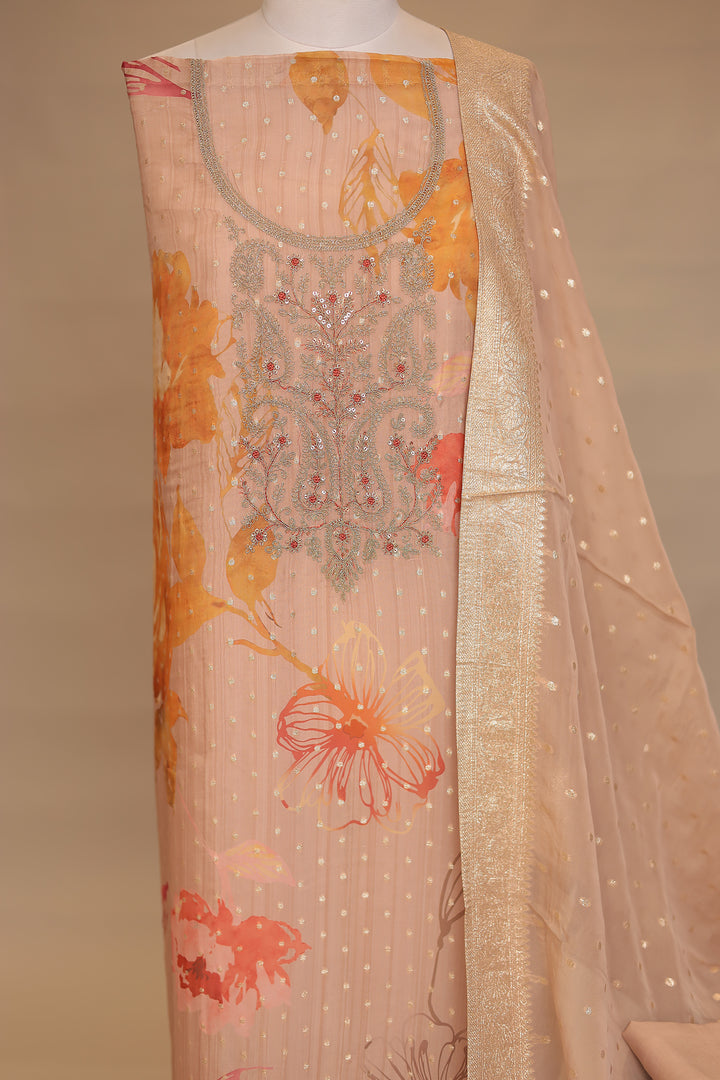Digital Print, Organza Unstitched Suit with Dori, Sequins work