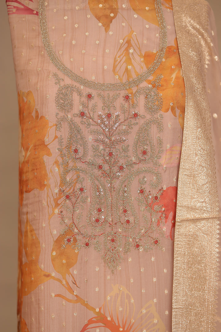 Digital Print, Organza Unstitched Suit with Dori, Sequins work