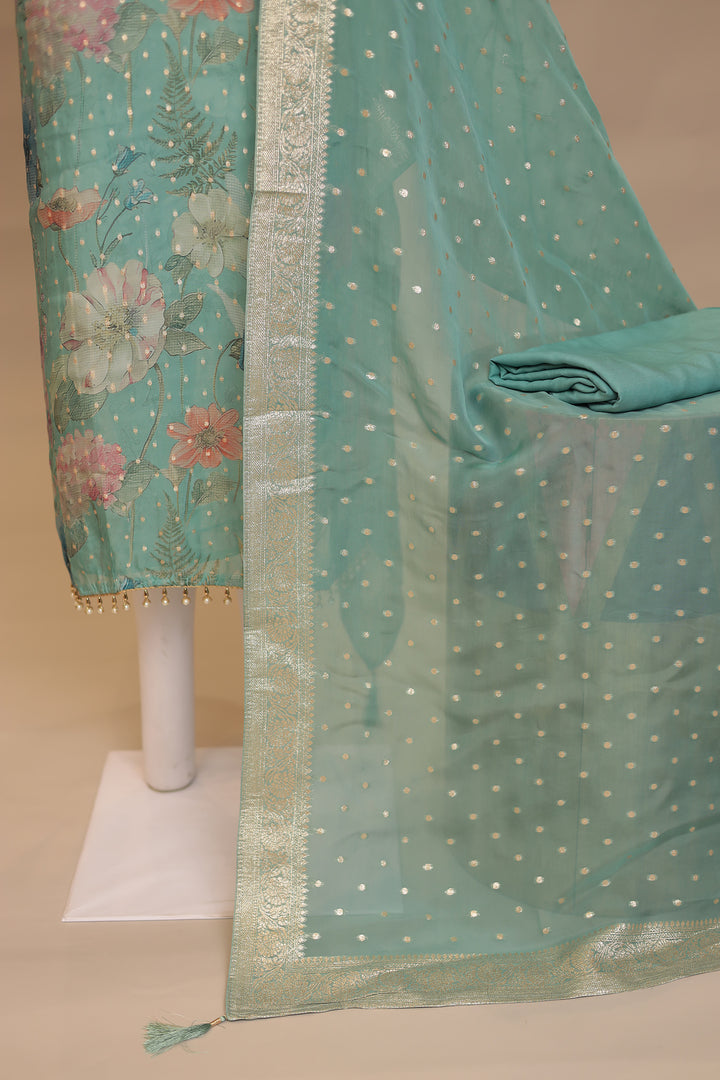 Digital Print, Organza Unstitched Suit with Cutdana, Sequins work