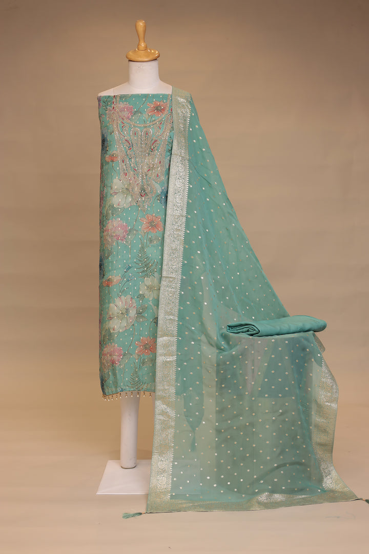 Digital Print, Organza Unstitched Suit with Cutdana, Sequins work