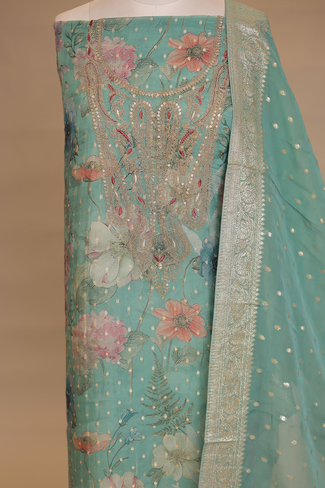 Digital Print Organza Unstitched Suit with Banarasi, Dori, Sequins, Thread work