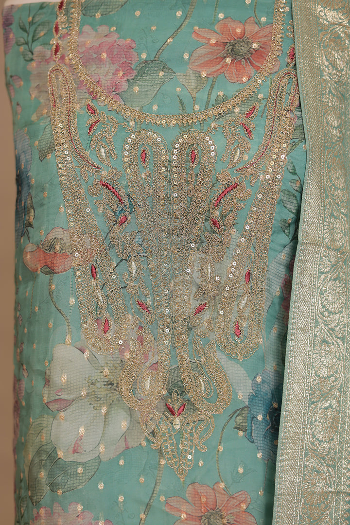 Digital Print, Organza Unstitched Suit with Cutdana, Sequins work