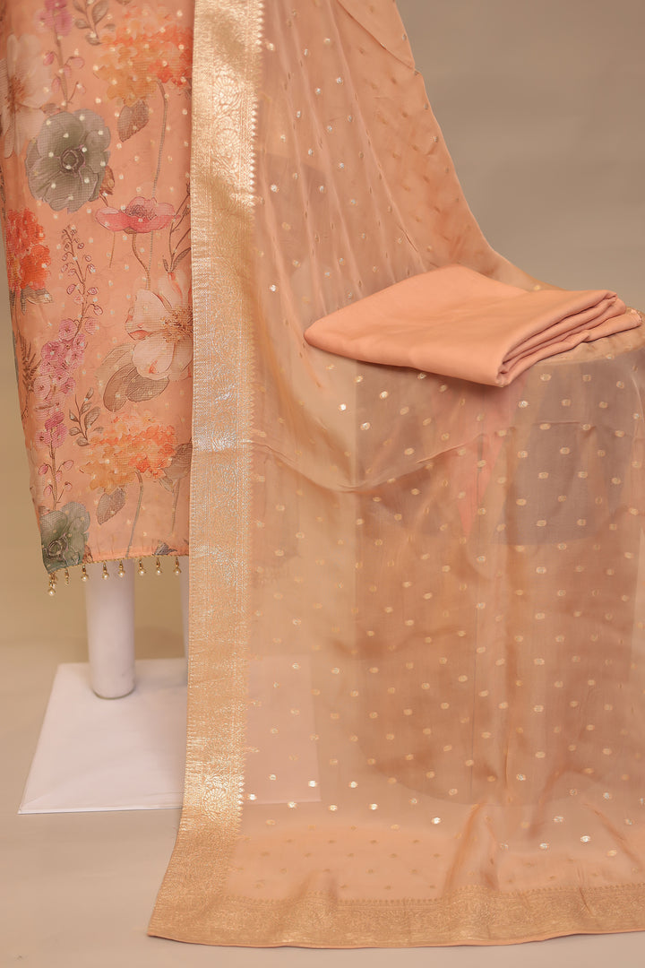 Digital Print, Organza Unstitched Suit with Cutdana, Sequins work