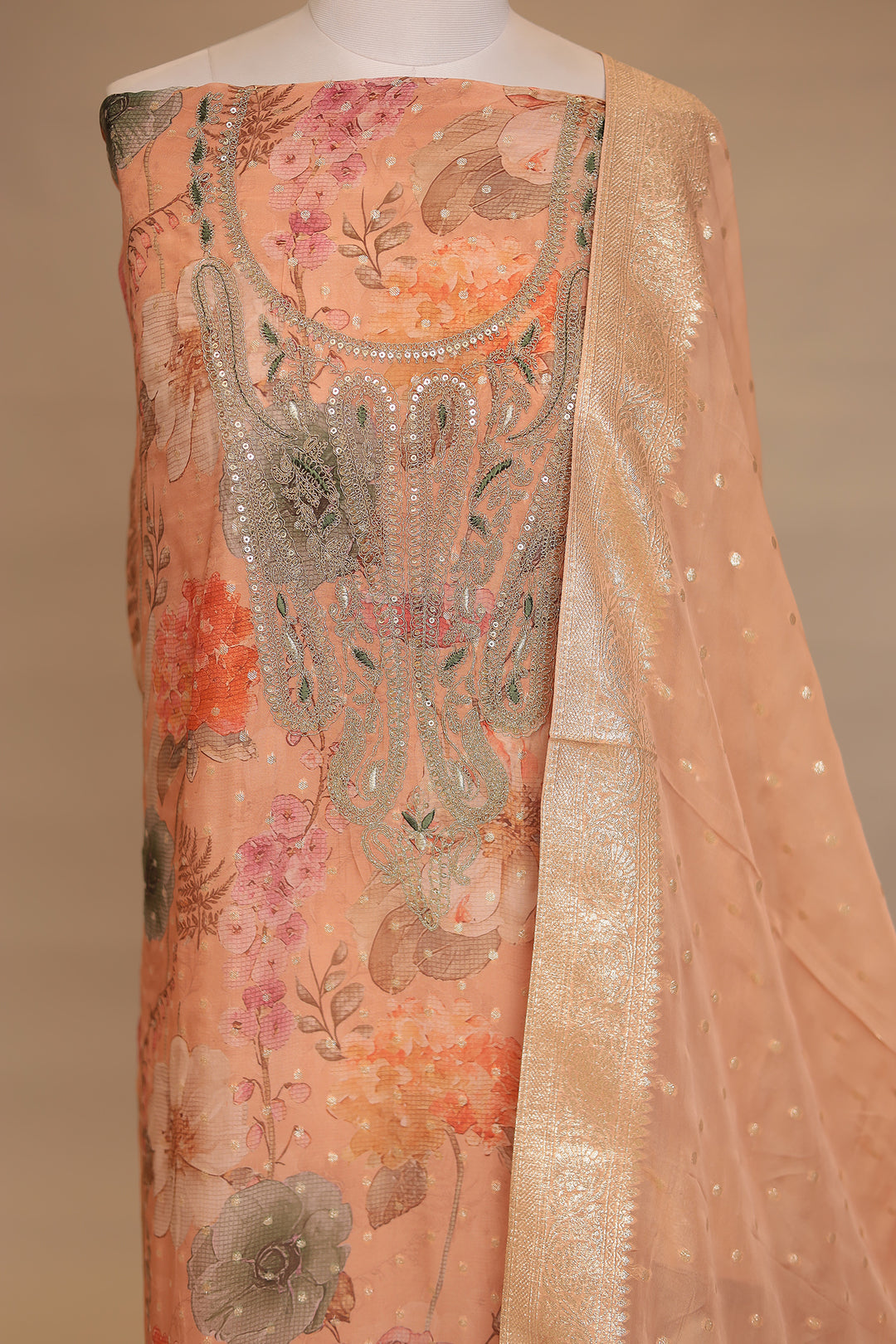 Digital Print, Organza Unstitched Suit with Cutdana, Sequins work