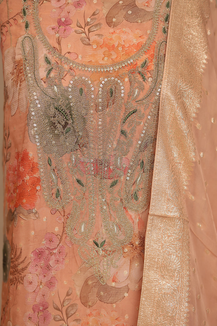 Digital Print, Organza Unstitched Suit with Cutdana, Sequins work