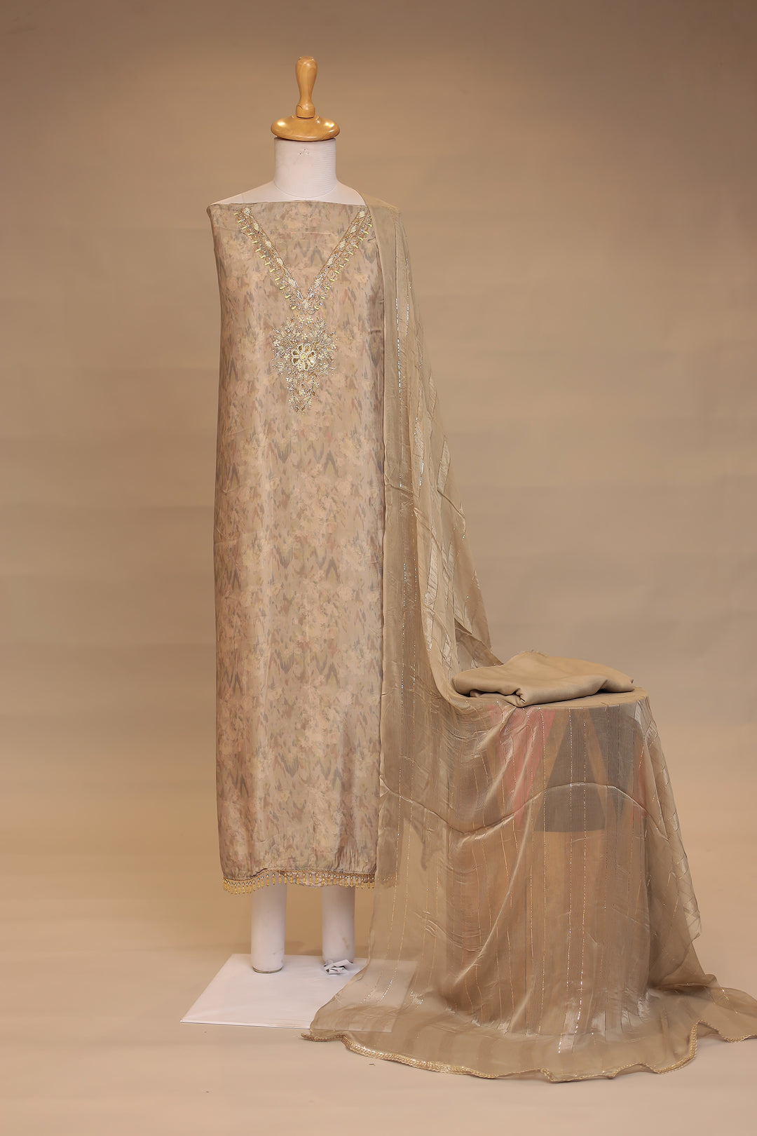 Digital Print, Organza Unstitched Suit with Cutdana, Pearl, Sequins, Thread, Zardozi, Zari work.