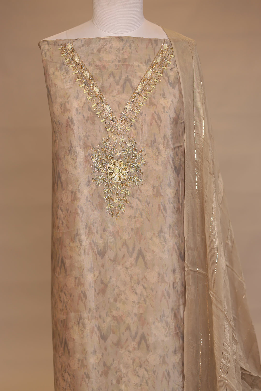 Digital Print, Organza Unstitched Suit with Cutdana, Pearl, Sequins, Thread, Zardozi, Zari work.