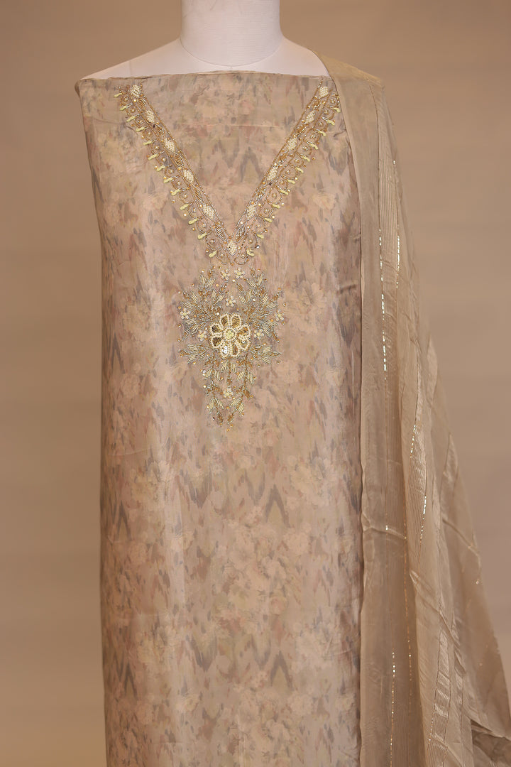 Digital Print, Organza Unstitched Suit with Cutdana, Pearl, Sequins, Thread, Zardozi, Zari work.