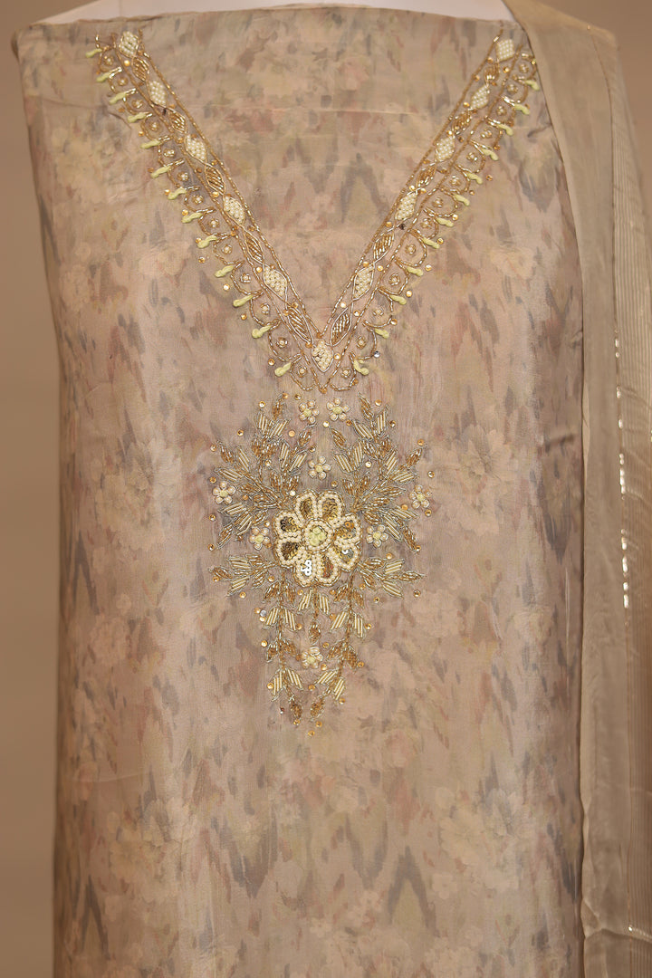Digital Print, Organza Unstitched Suit with Cutdana, Pearl, Sequins, Thread, Zardozi, Zari work.