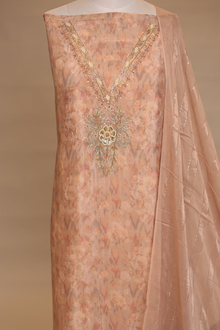 Digital Print, Organza Unstitched Suit with Cutdana, Pearl, Sequins, Thread, Zardozi, Zari work.