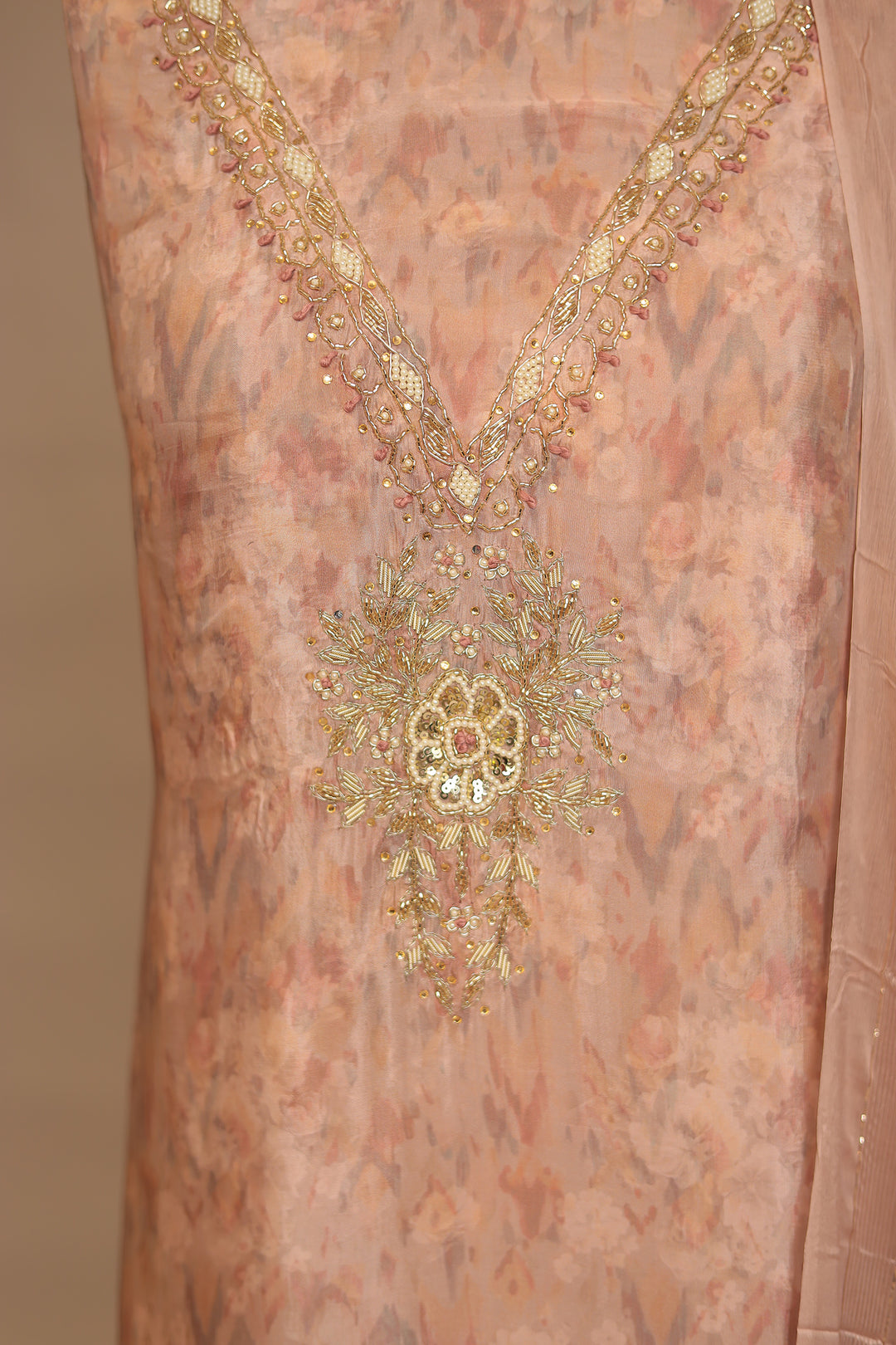 Digital Print, Organza Unstitched Suit with Cutdana, Pearl, Sequins, Thread, Zardozi, Zari work.