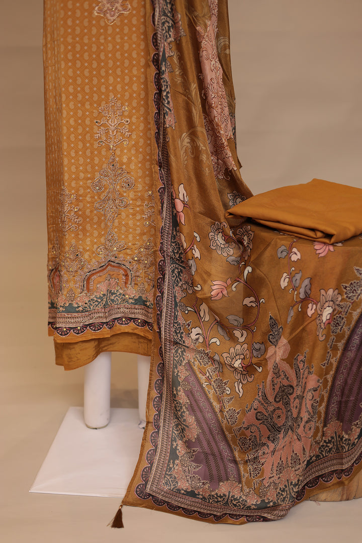Digital Print, Silk Unstitched Suit with Mirror, Zari work.