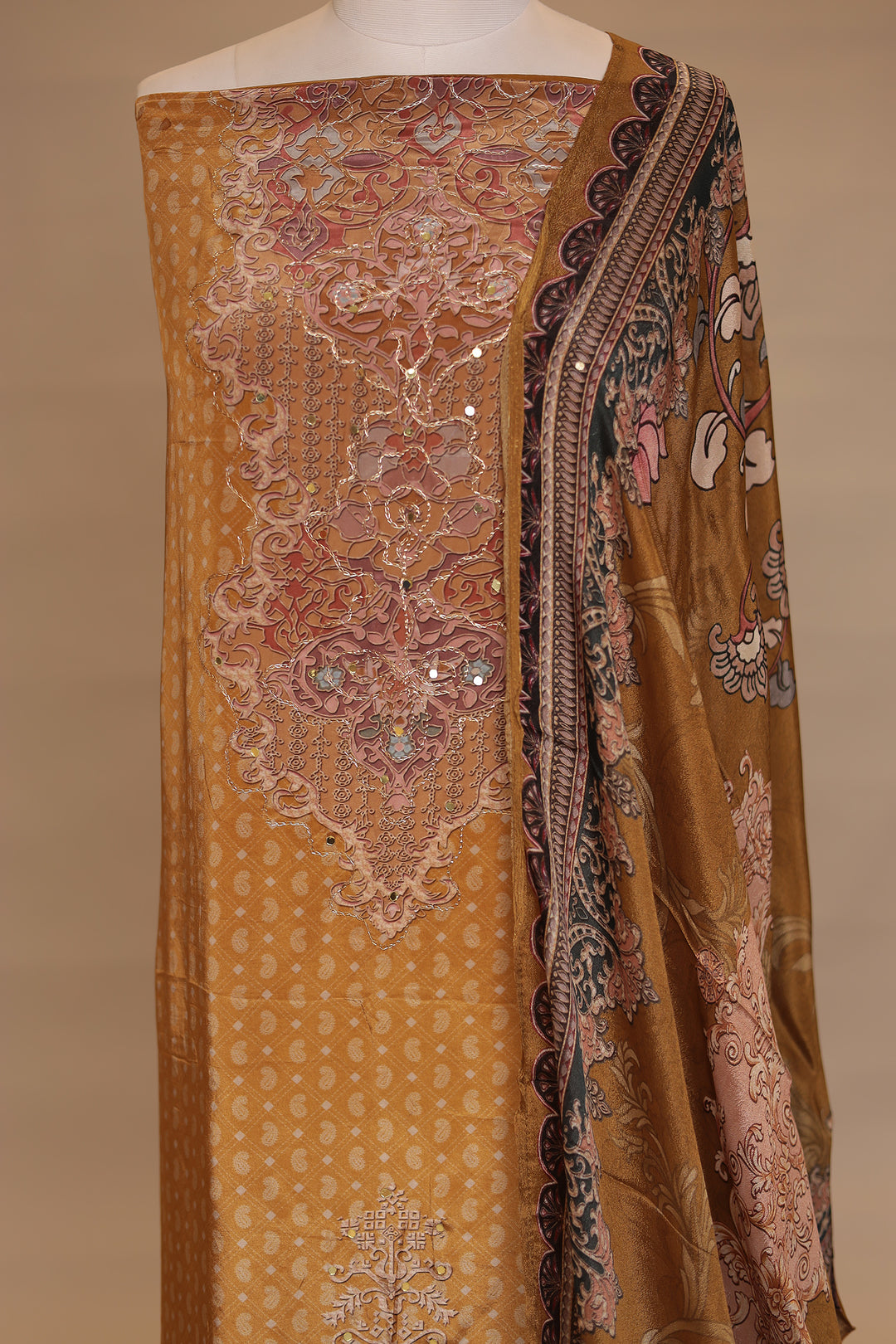 Digital Print, Silk Unstitched Suit with Mirror, Zari work.