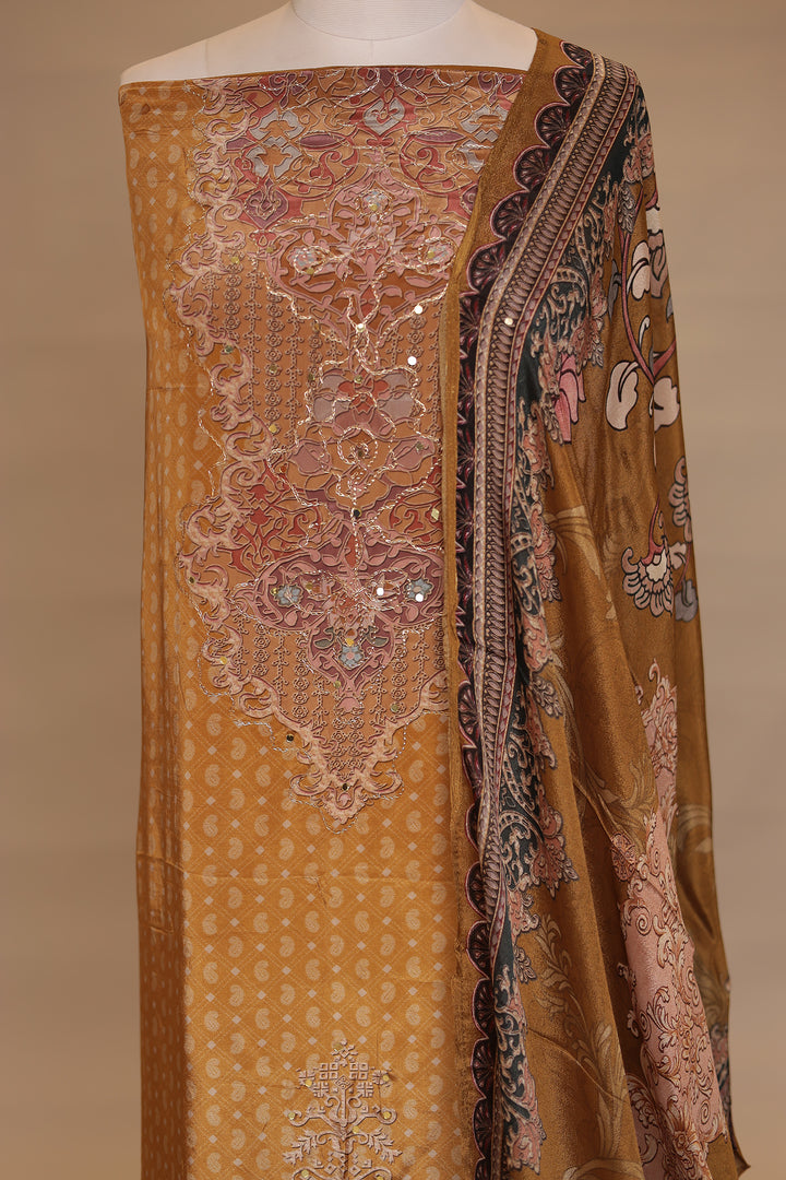 Digital Print, Silk Unstitched Suit with Mirror, Zari work.