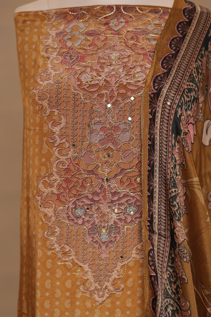 Digital Print, Silk Unstitched Suit with Mirror, Zari work.