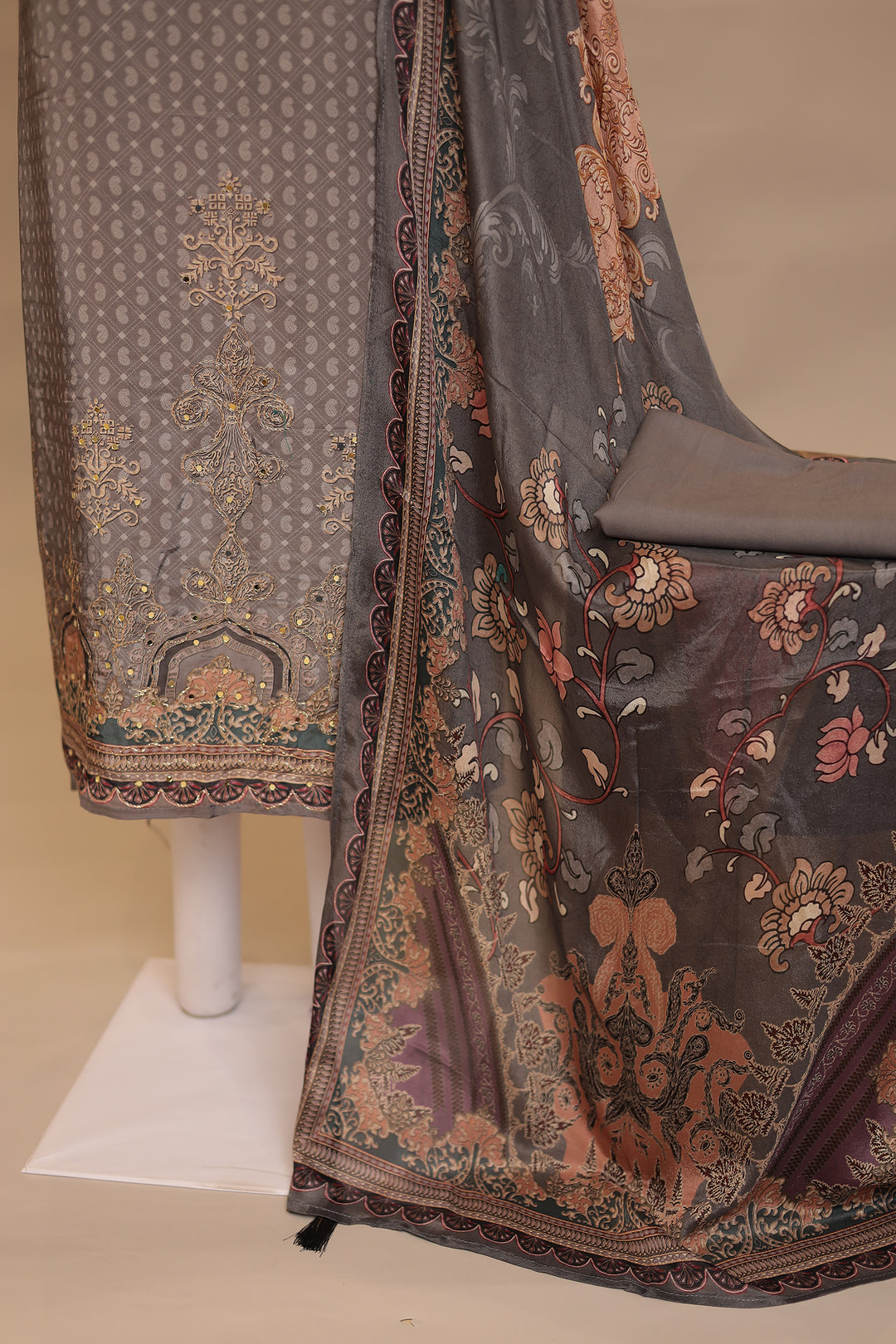 Silk Unstitched Suit with Mirror, Zari work.