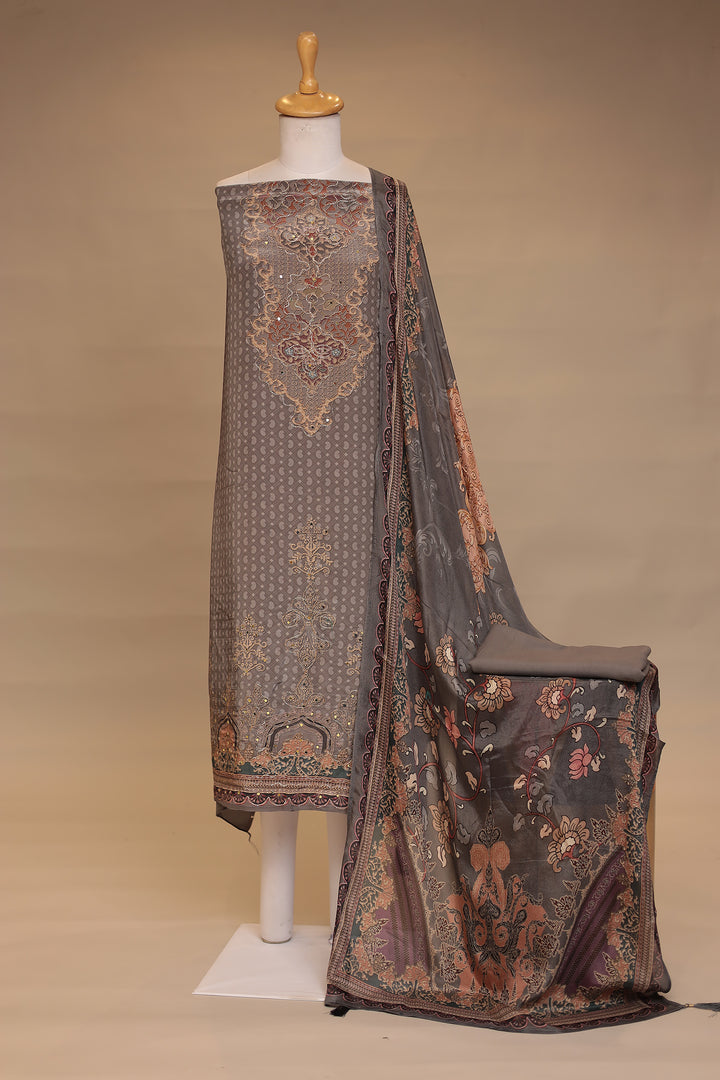 Silk Unstitched Suit with Mirror, Zari work.