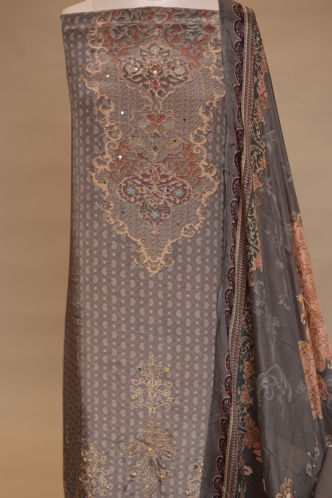 Silk Unstitched Suit with Mirror, Zari work.