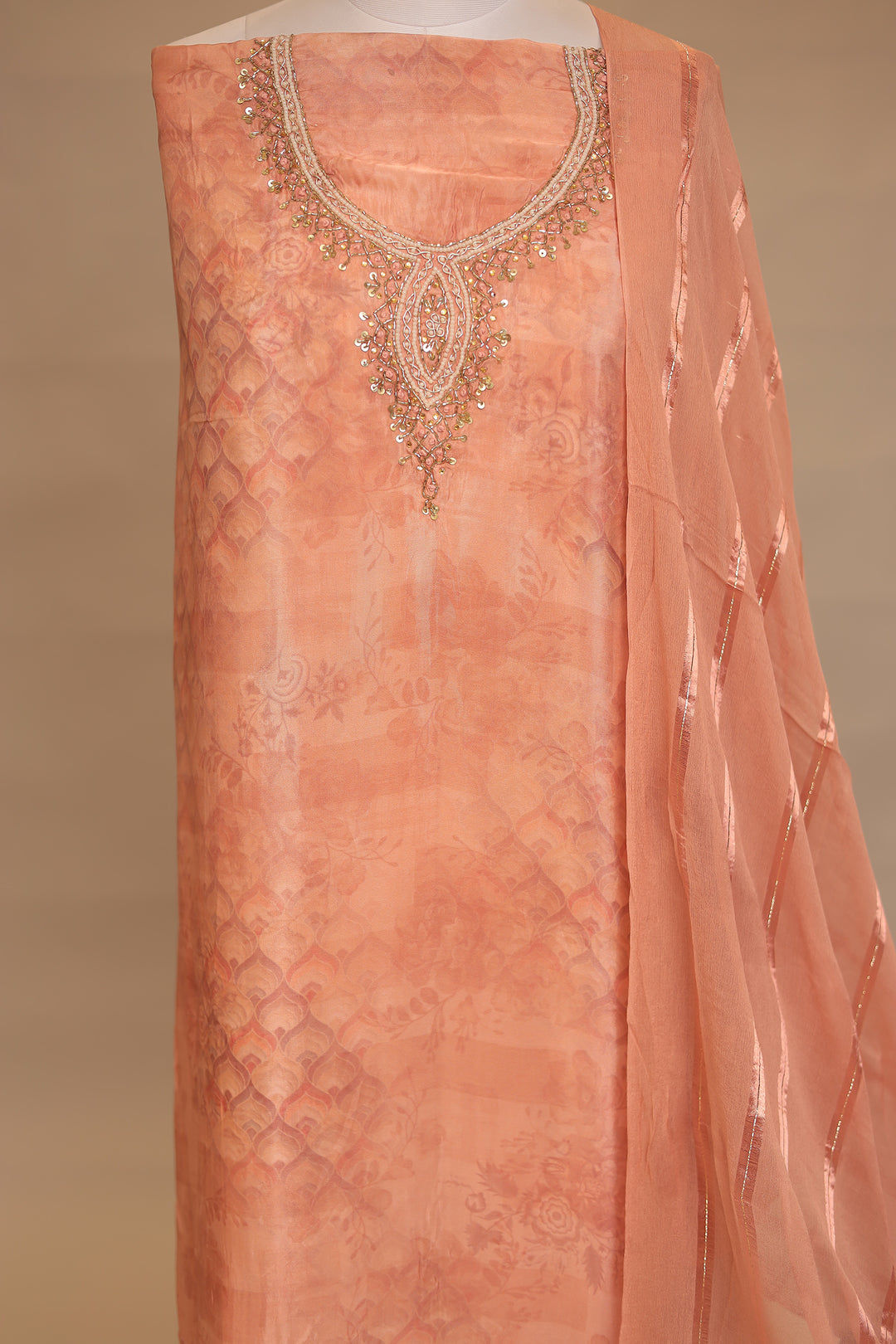 Digital Print, Organza Unstitched Suit with Cutdana, Pearl, Sequins, Zardozi work