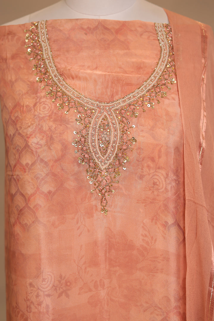 Digital Print, Organza Unstitched Suit with Cutdana, Pearl, Sequins, Zardozi work