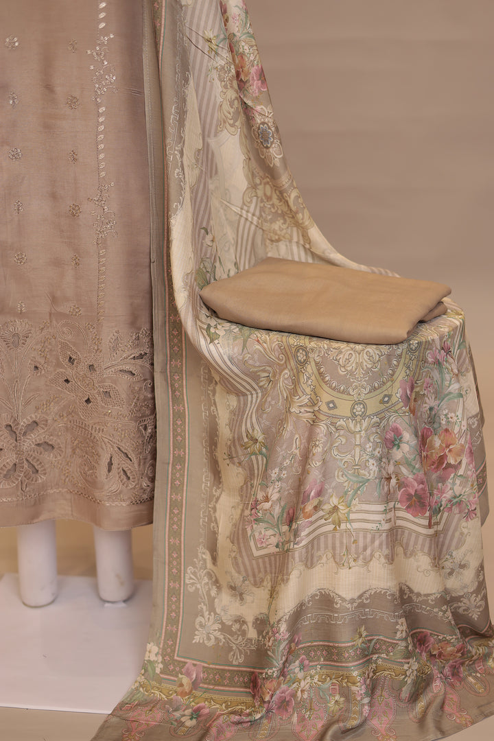 Silk blend Unstitched Suit with Sequins, Thread, Cut work