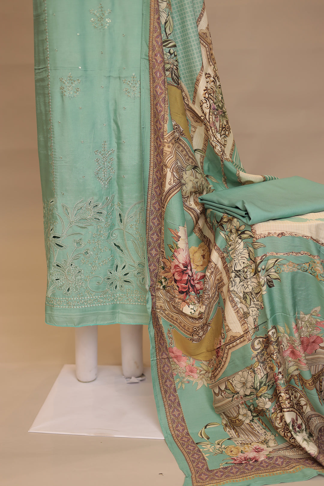 Digital Print, Silk Unstitched Suit with Sequins, Thread, Cut work work