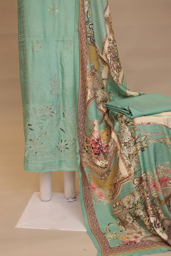 Digital Print, Silk Unstitched Suit with Sequins, Thread, Cut work work