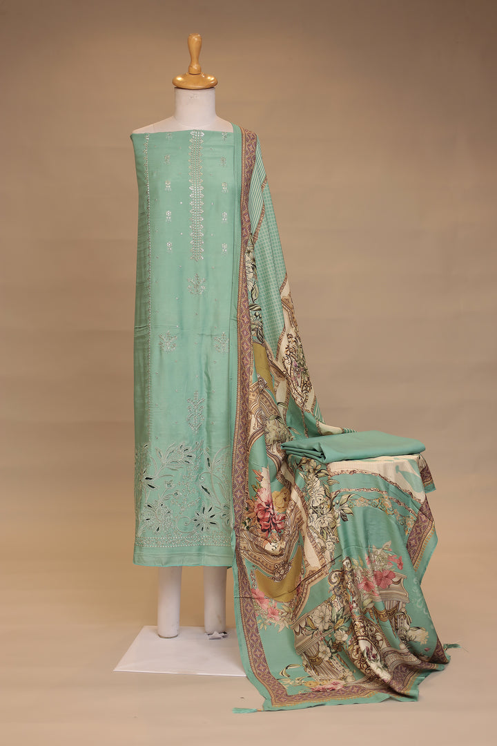 Digital Print, Silk Unstitched Suit with Sequins, Thread, Cut work work