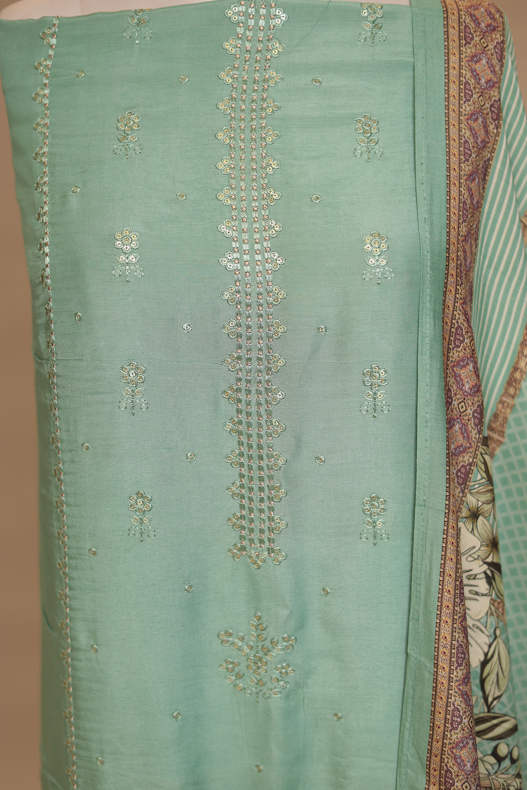 Digital Print, Silk Unstitched Suit with Sequins, Thread, Cut work work