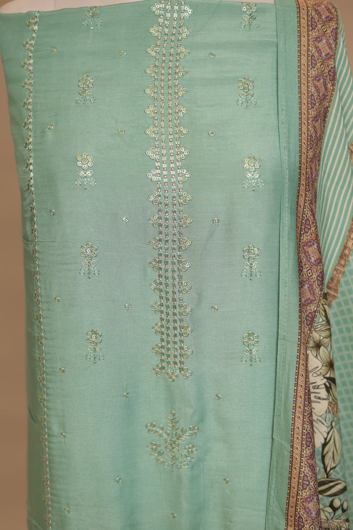 Digital Print, Silk Unstitched Suit with Sequins, Thread, Cut work work