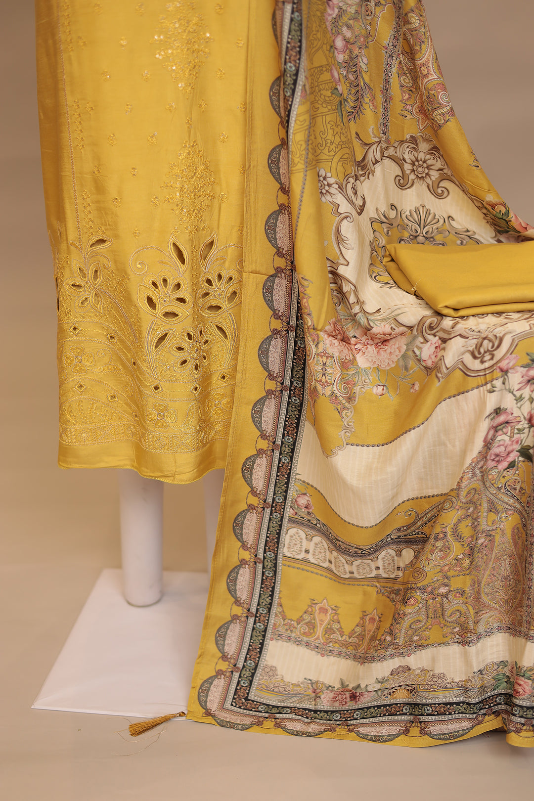 Silk Unstitched Suit with Sequins, Thread, Cut work
