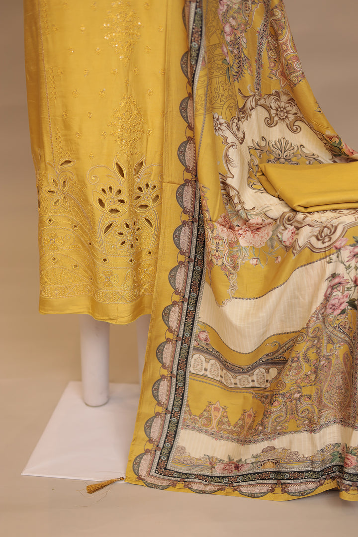Silk Unstitched Suit with Sequins, Thread, Cut work