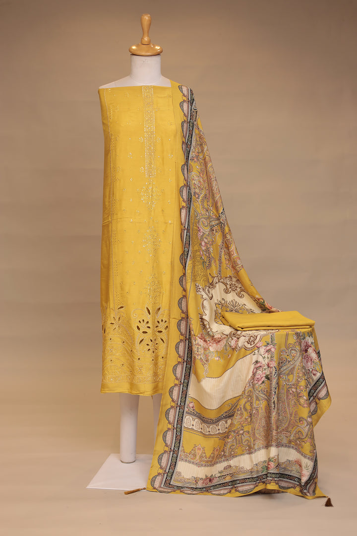 Silk Unstitched Suit with Sequins, Thread, Cut work