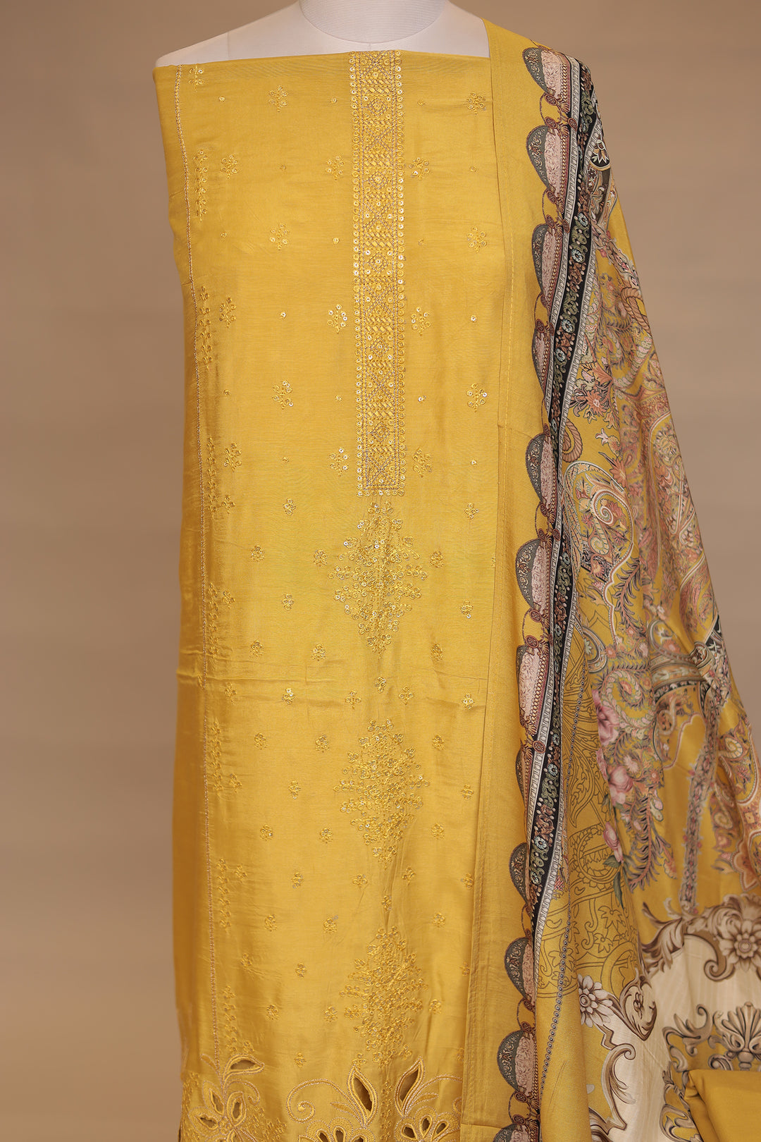 Silk Unstitched Suit with Sequins, Thread, Cut work