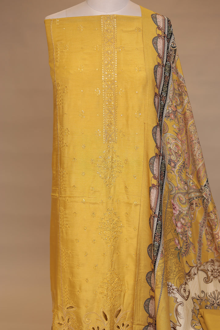 Silk Unstitched Suit with Sequins, Thread, Cut work