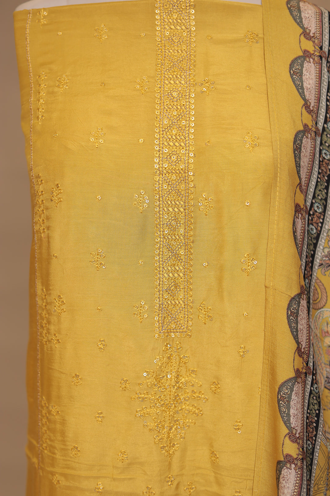 Silk Unstitched Suit with Sequins, Thread, Cut work