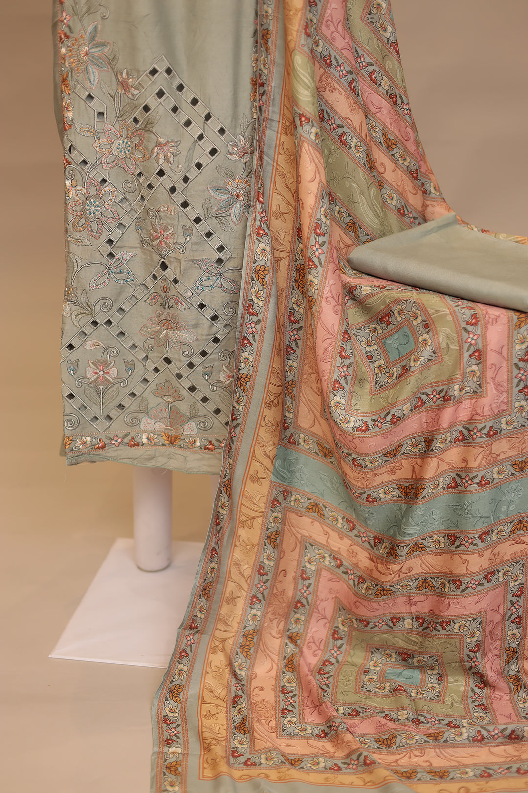 Silk Unstitched Suit with Thread, Cut work