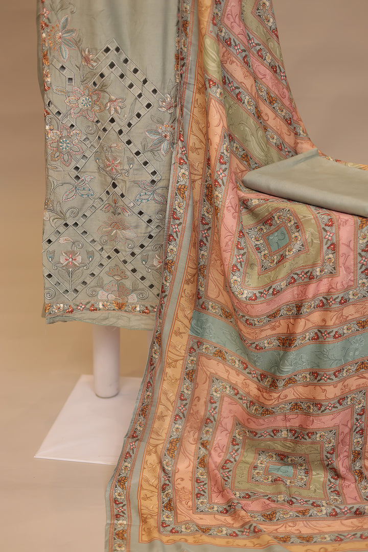 Silk blend Unstitched Suit with Thread, Cut work
