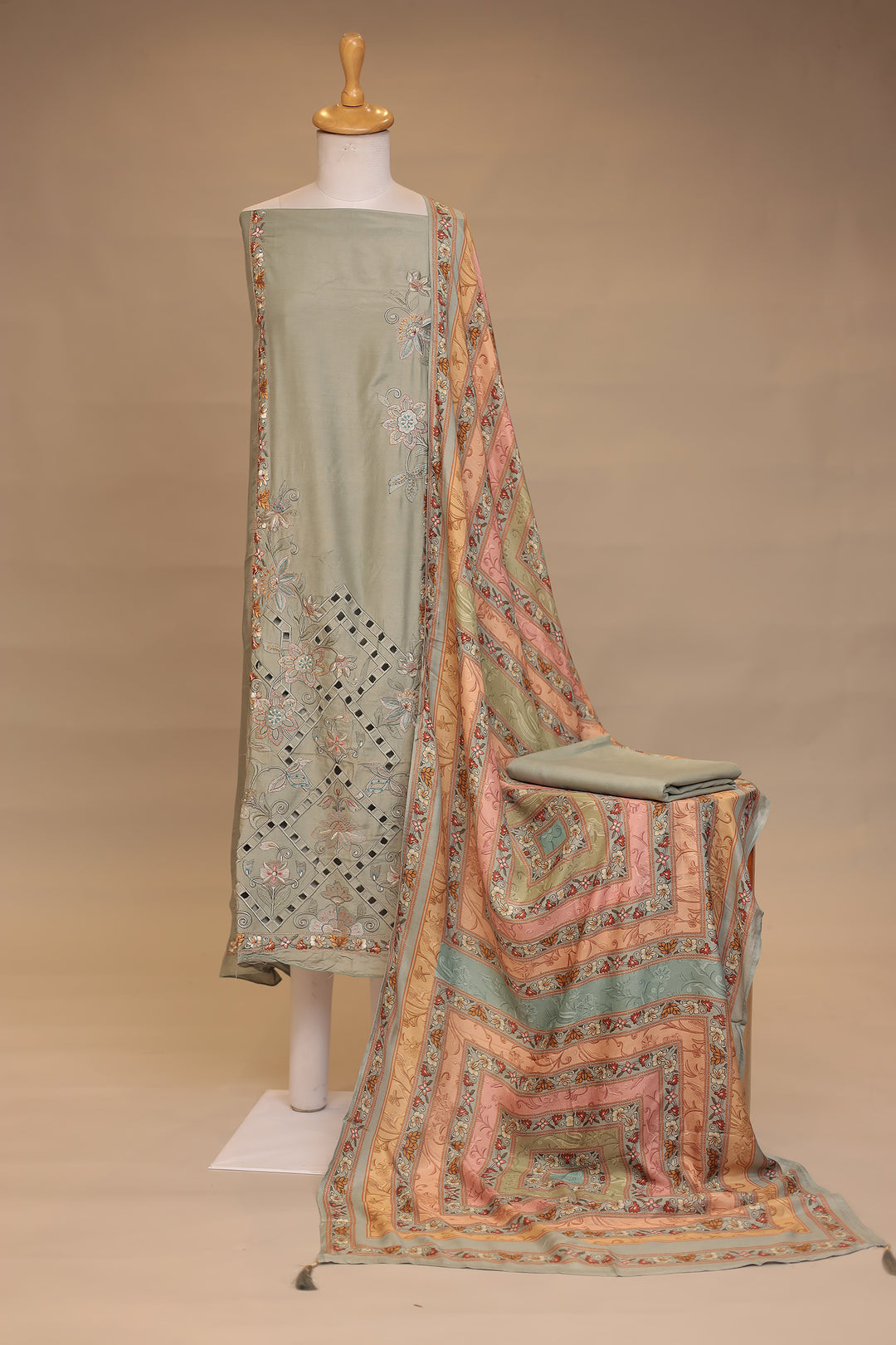 Silk blend Unstitched Suit with Thread, Cut work