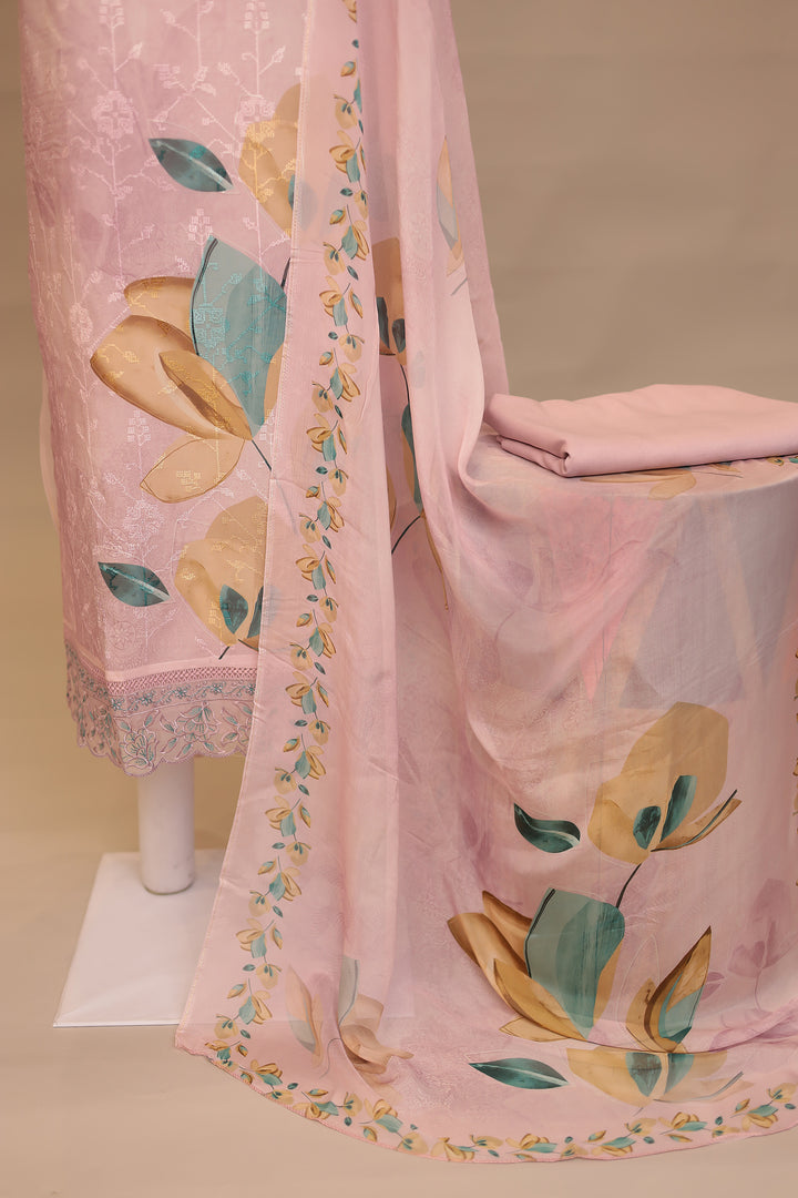 Digital Print, Organza Unstitched Suit with Thread work.