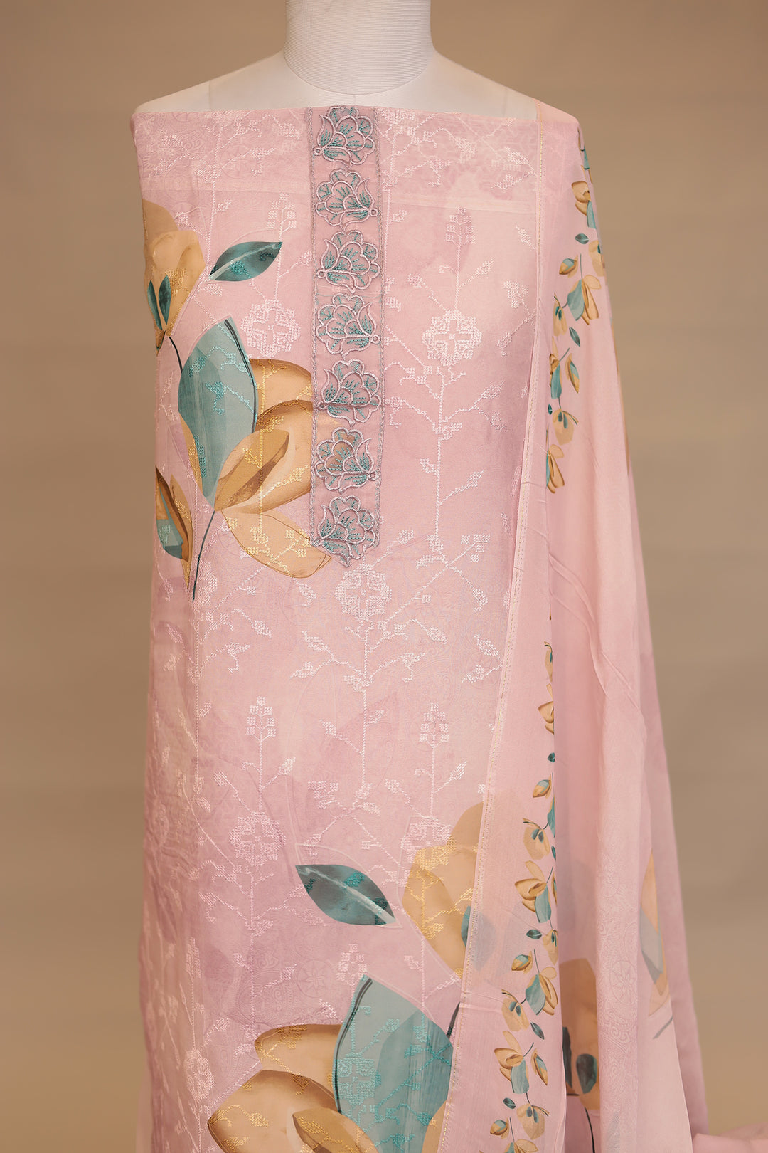Digital Print, Organza Unstitched Suit with Thread work.
