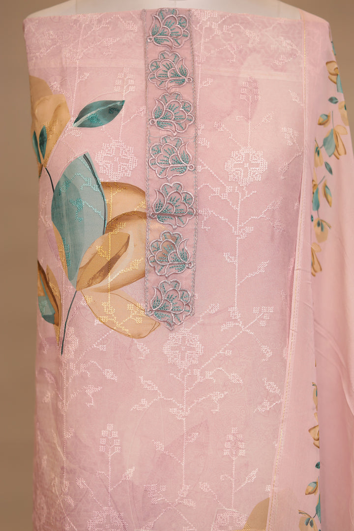 Digital Print, Organza Unstitched Suit with Thread work.