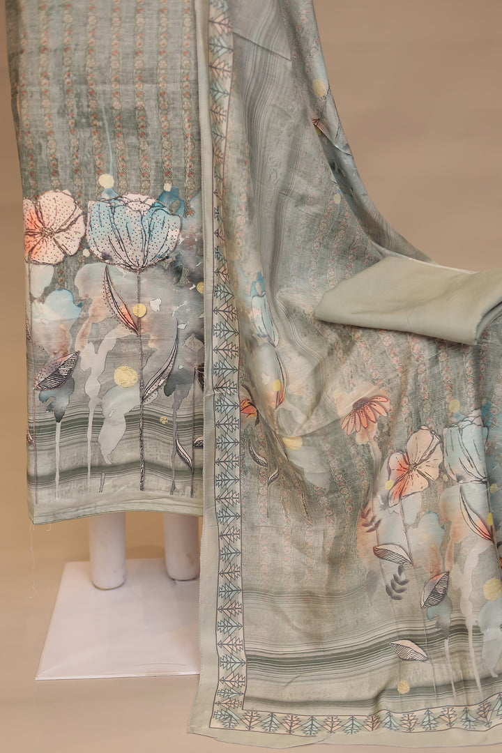 Digital Print Silk blend Unstitched Suit with Stone, Zari work