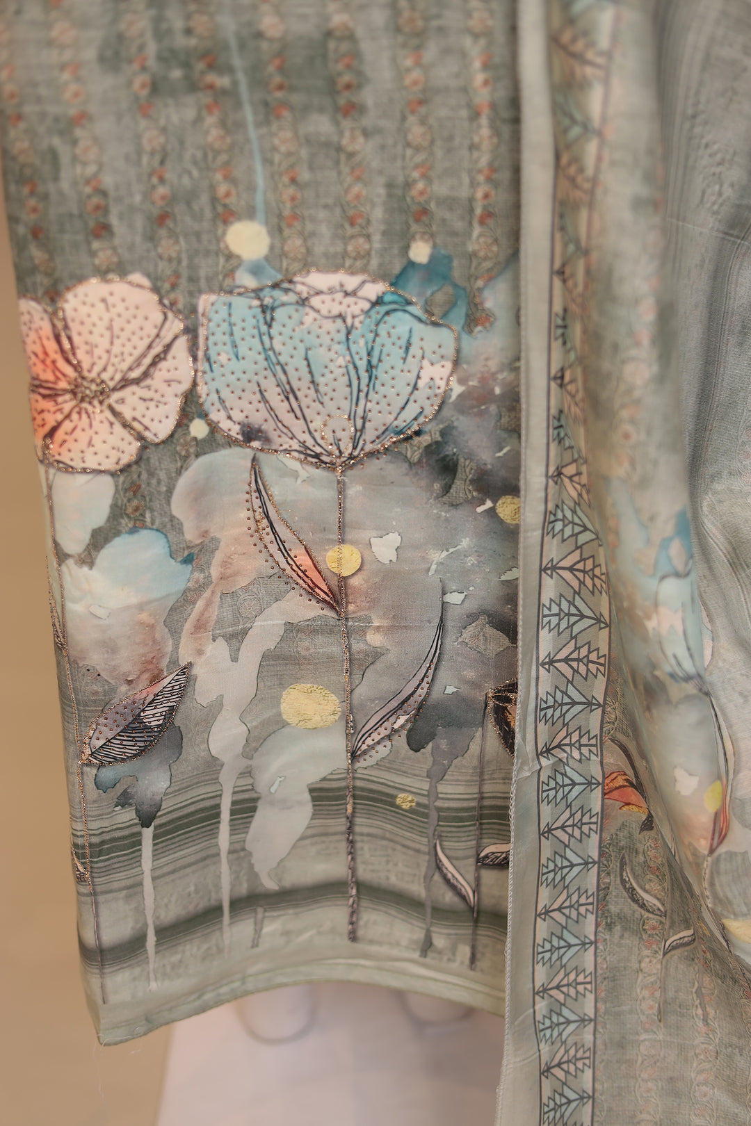 Digital Print Silk blend Unstitched Suit with Stone, Zari work