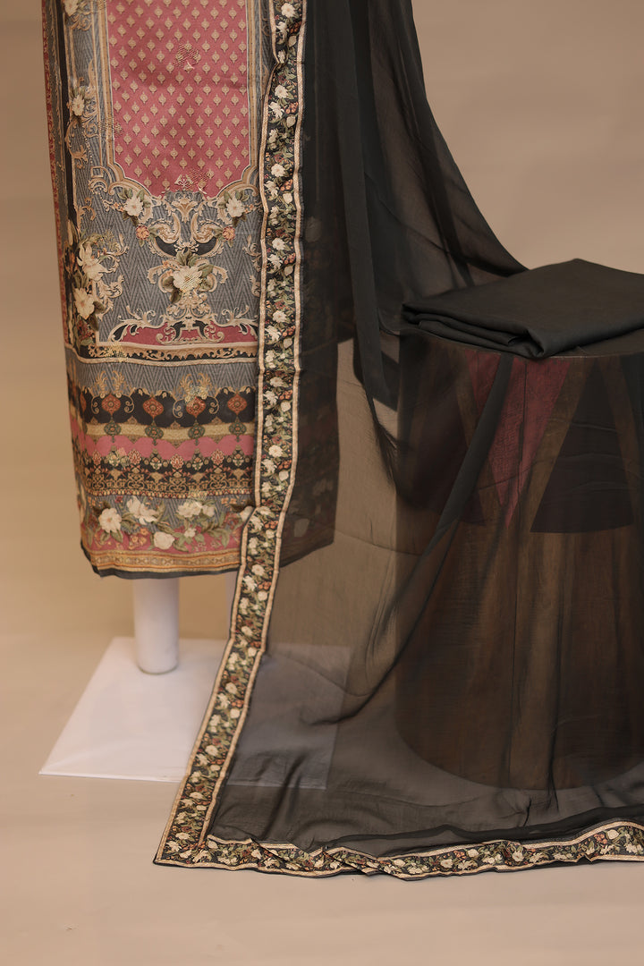 Digital Print, Silk Unstitched Suit with Stone work
